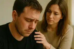 Gateway Drugs: A man looking down seeming to be upset while a woman places a comforting hand on his shoulder.