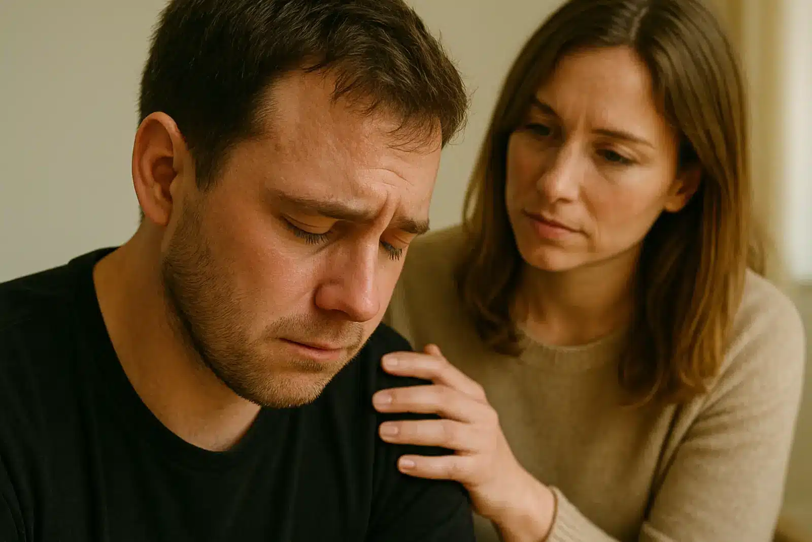 Gateway Drugs: A man looking down seeming to be upset while a woman places a comforting hand on his shoulder.