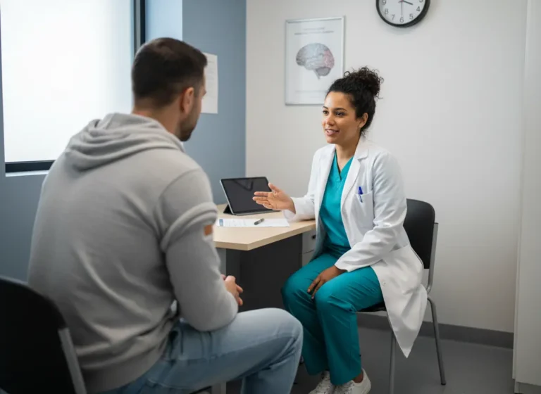 Doctor explaining treatment plan to a young man
