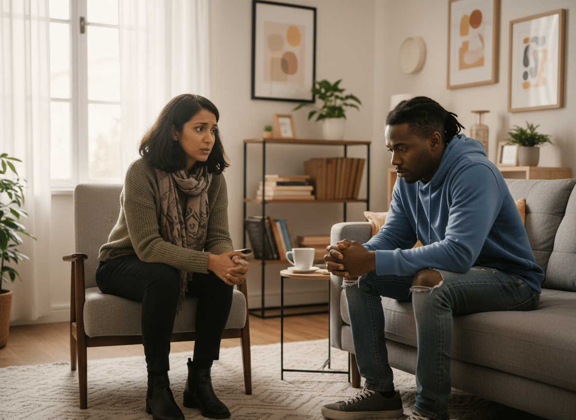 Therapist showing concern for a client in a session