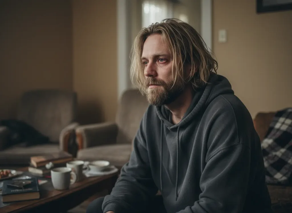 ired man with long blond hair and a beard with reddened eyes, staring into space