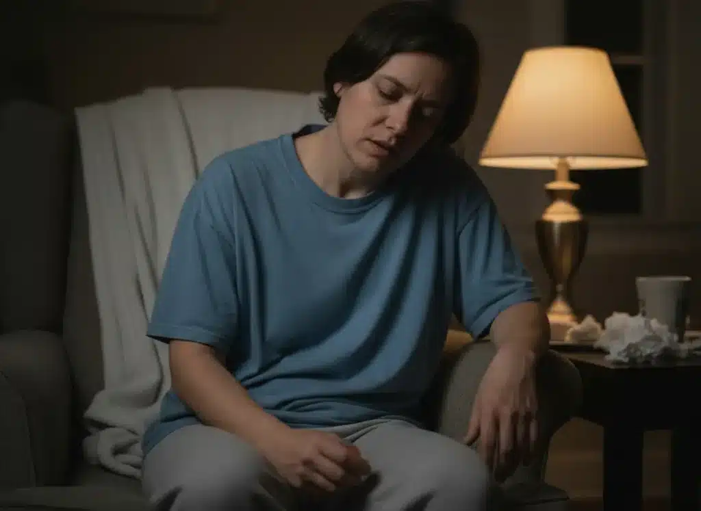 A woman falling asleep sitting up in a living room chair