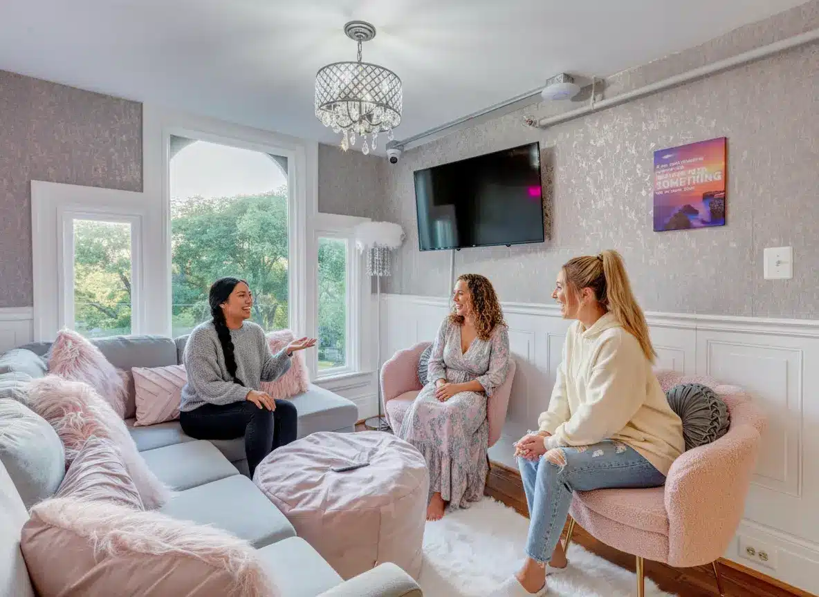 benefits-of-inpatient-rehab Three women chatting happily while sitting on the comfy furniture within The Freedom Center