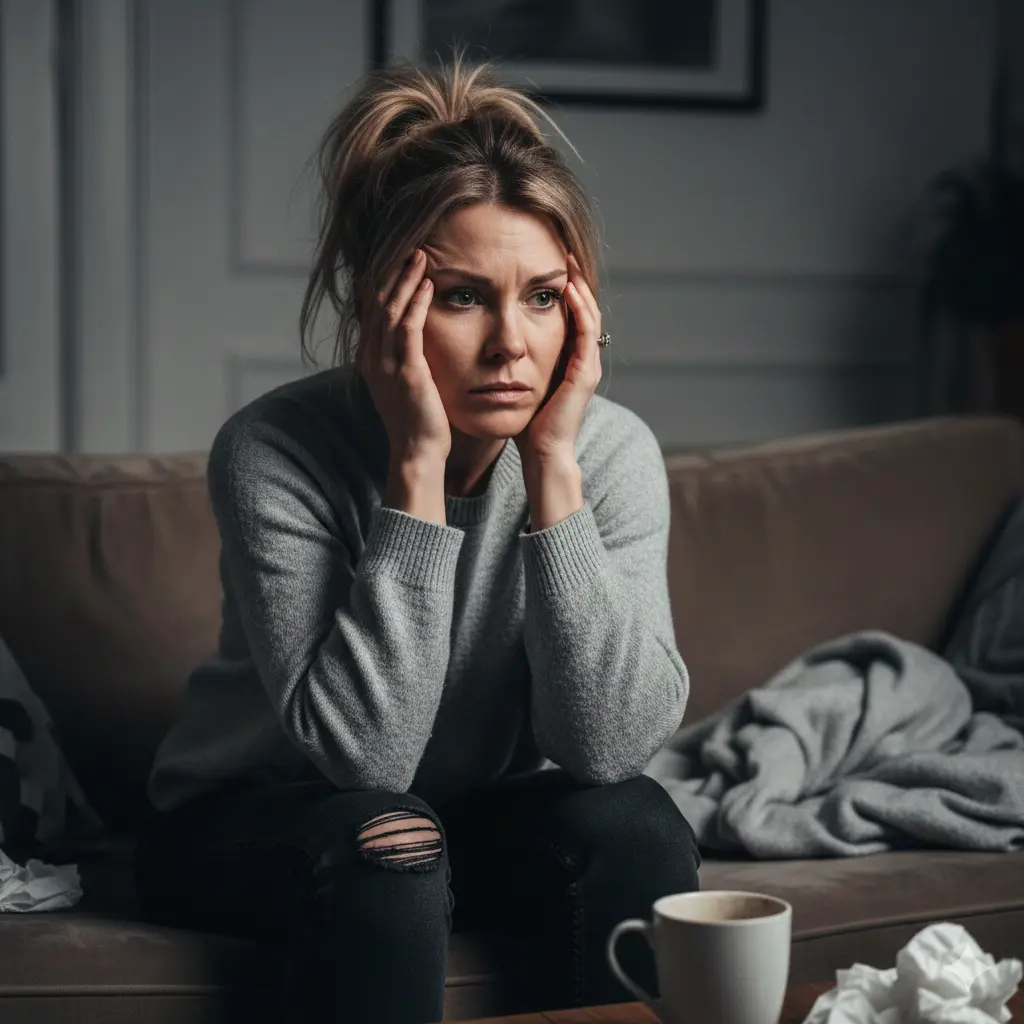 A blond woman with a ponytail sits on a couch holding her head in her hands, looking worried