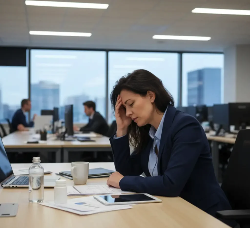 Business woman with a hangover in an office.