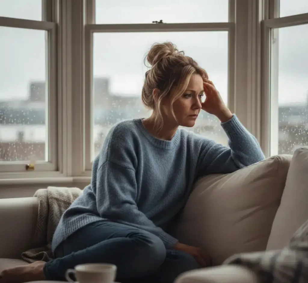 A concerned young woman sitting on a couch next to a window.