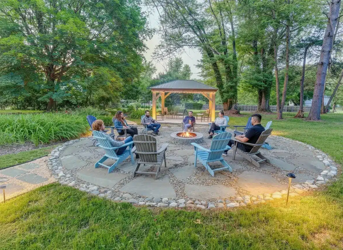 daily-routine-at-buckeystown A group of people sitting outside at The Freedom Center fire pit.