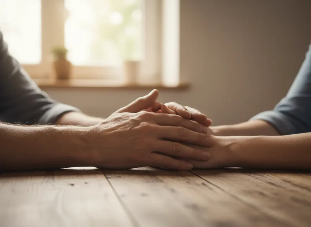 Two people holding hands across a table