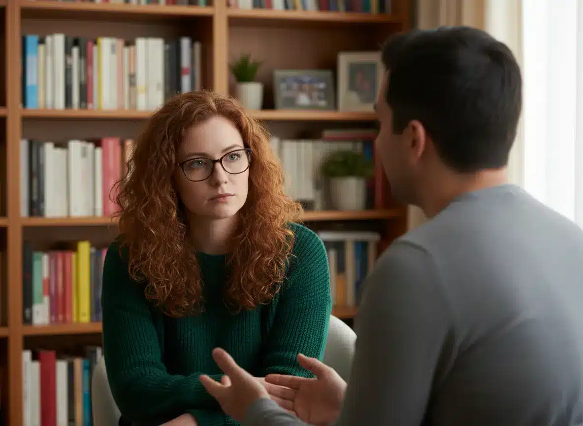 A woman with curly red hair talking with a man with black hair whose back is to the camera.