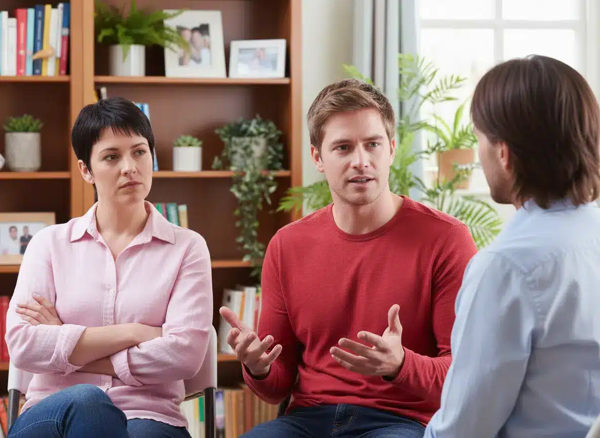 Intensive Inpatient Treatment: Two people sitting on a couch talking passionately while a third person listens.