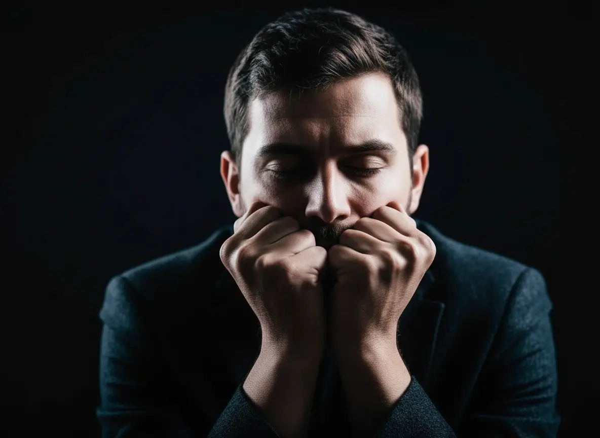 Man in deep thought with hands clasped over mouth, dark background.