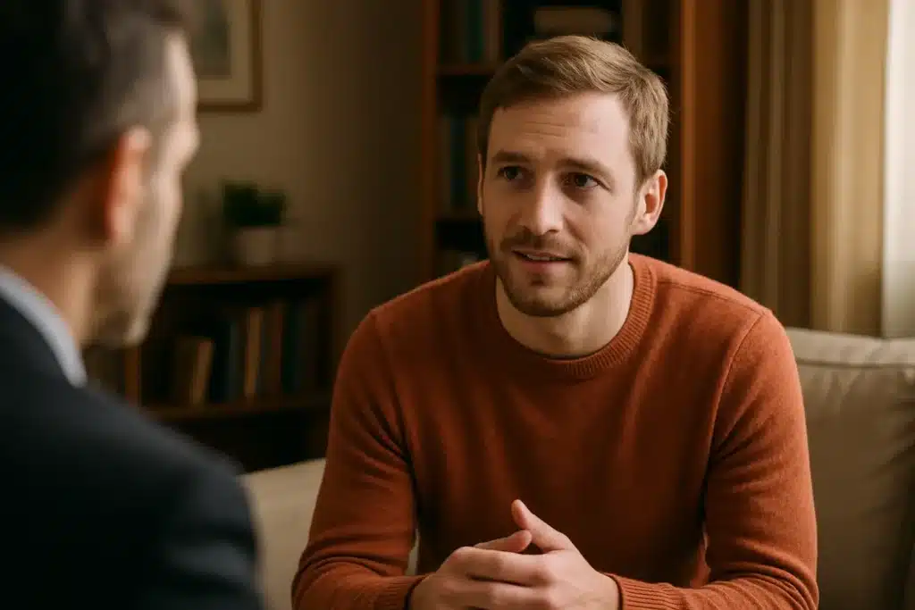 Hopeful blond man talking to a mental health professional
