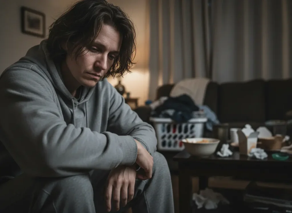 Man with depression sits in his living room with piles of laundry and clutter in the background