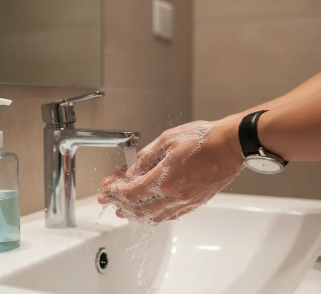 Person washing hands with soap and water in a bathroom sink for hygiene and cleanliness.