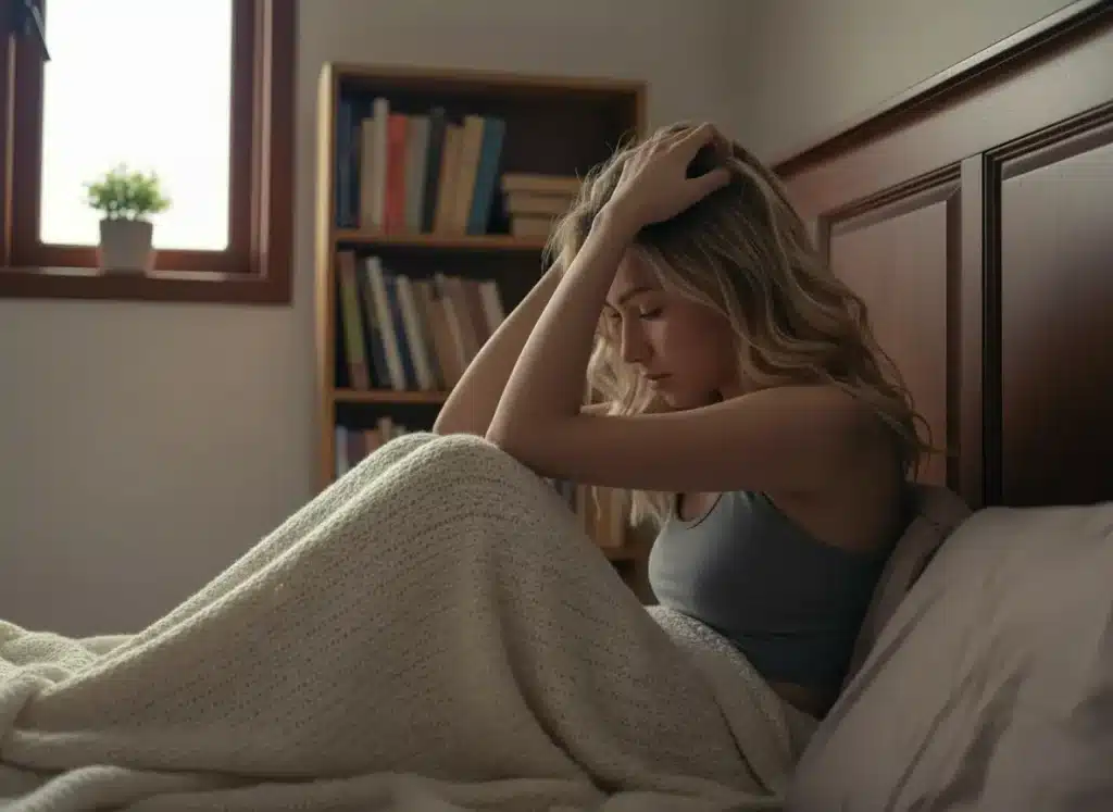 A young woman sitting up in bed with her elbows on her knees and her hands in her hair in distress.