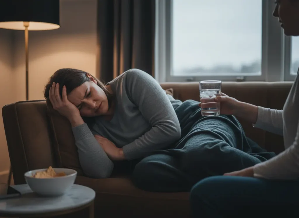 A woman laying on her side on the couch with her hand to her forehead. Another person nearby is holding out a glass of water.