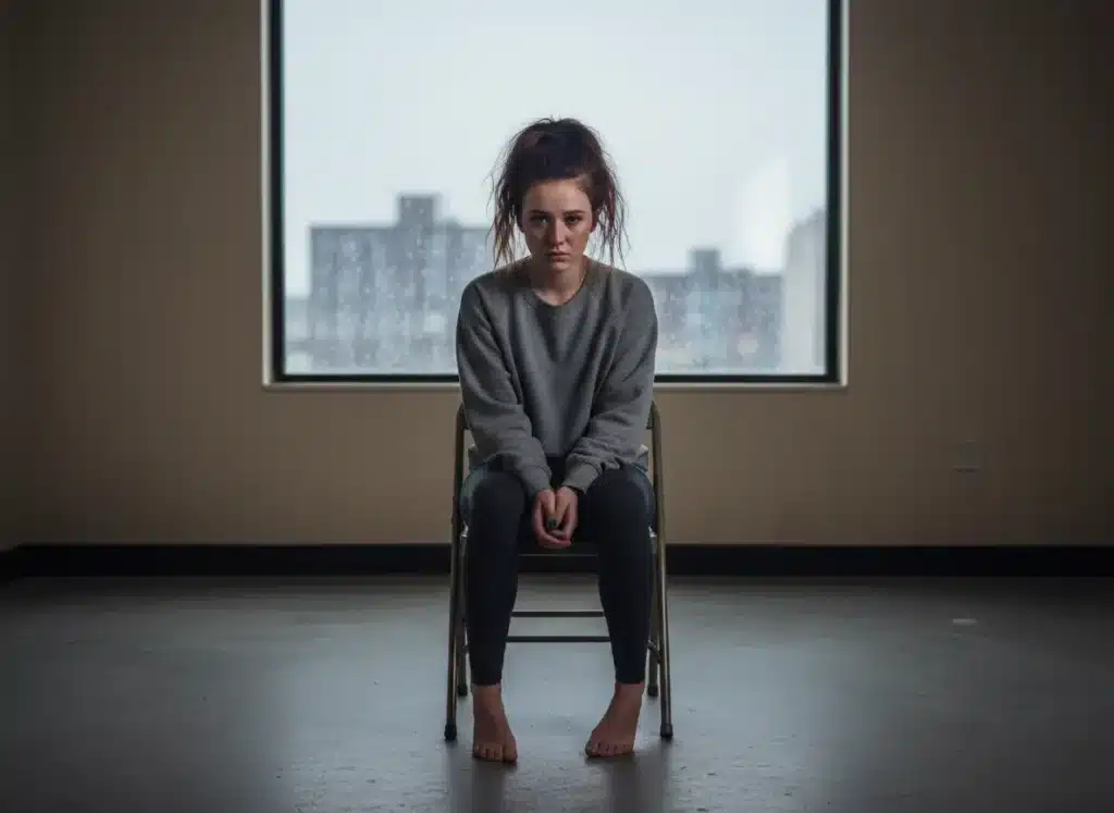 A woman staring at the camera sitting in a chair located centrally in an empty room.