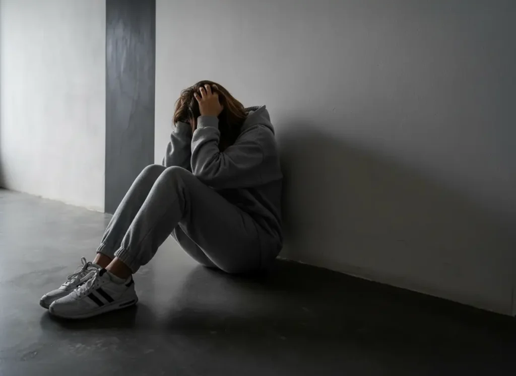 A woman sitting on the floor in a dark room with her knees pulled up and her hands to her head.
