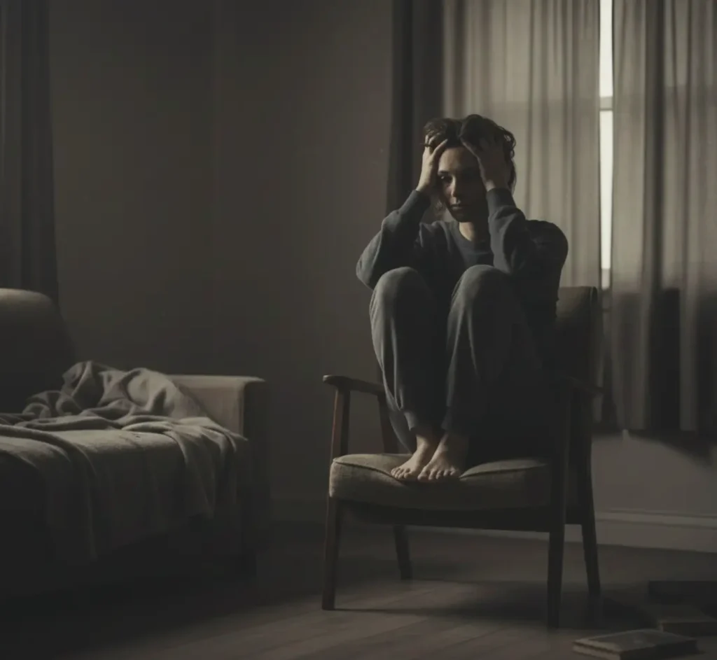 Young woman sitting in a dim room, holding her head in her hands.