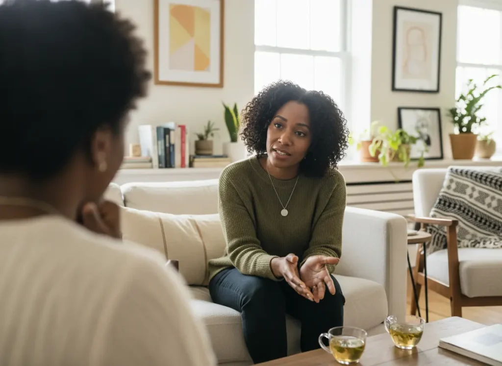 A young African America therapist offering support to a client